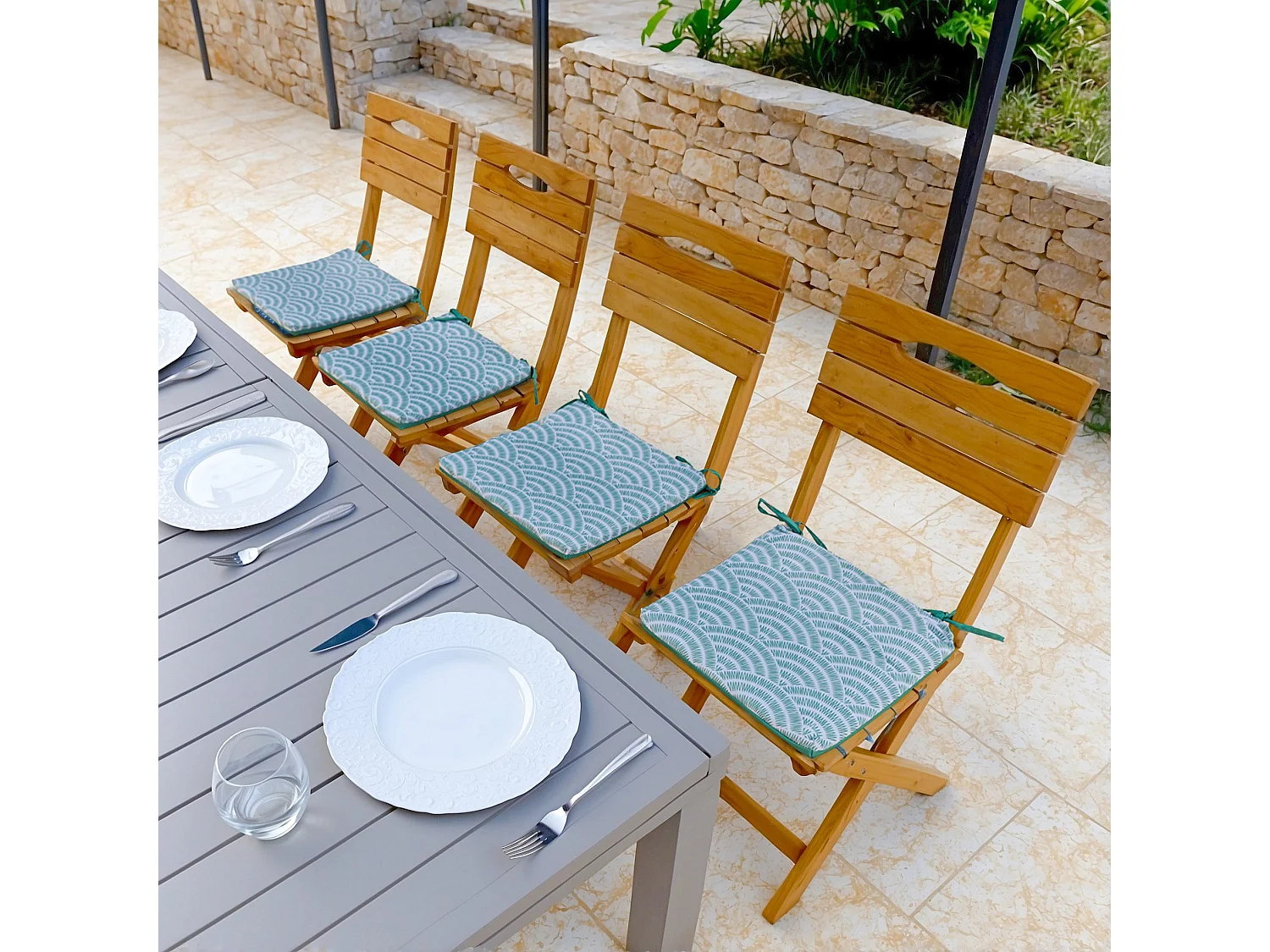 Lot de 4 Galettes de Chaise 35x35x3 cm motif Éventails Verts