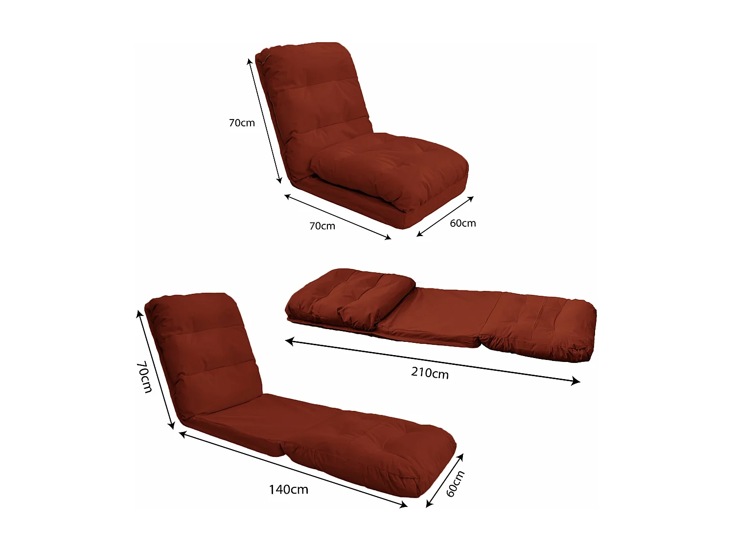 Fauteuil Convertible avec Dossier Réglable à 6 Positions Terracotta