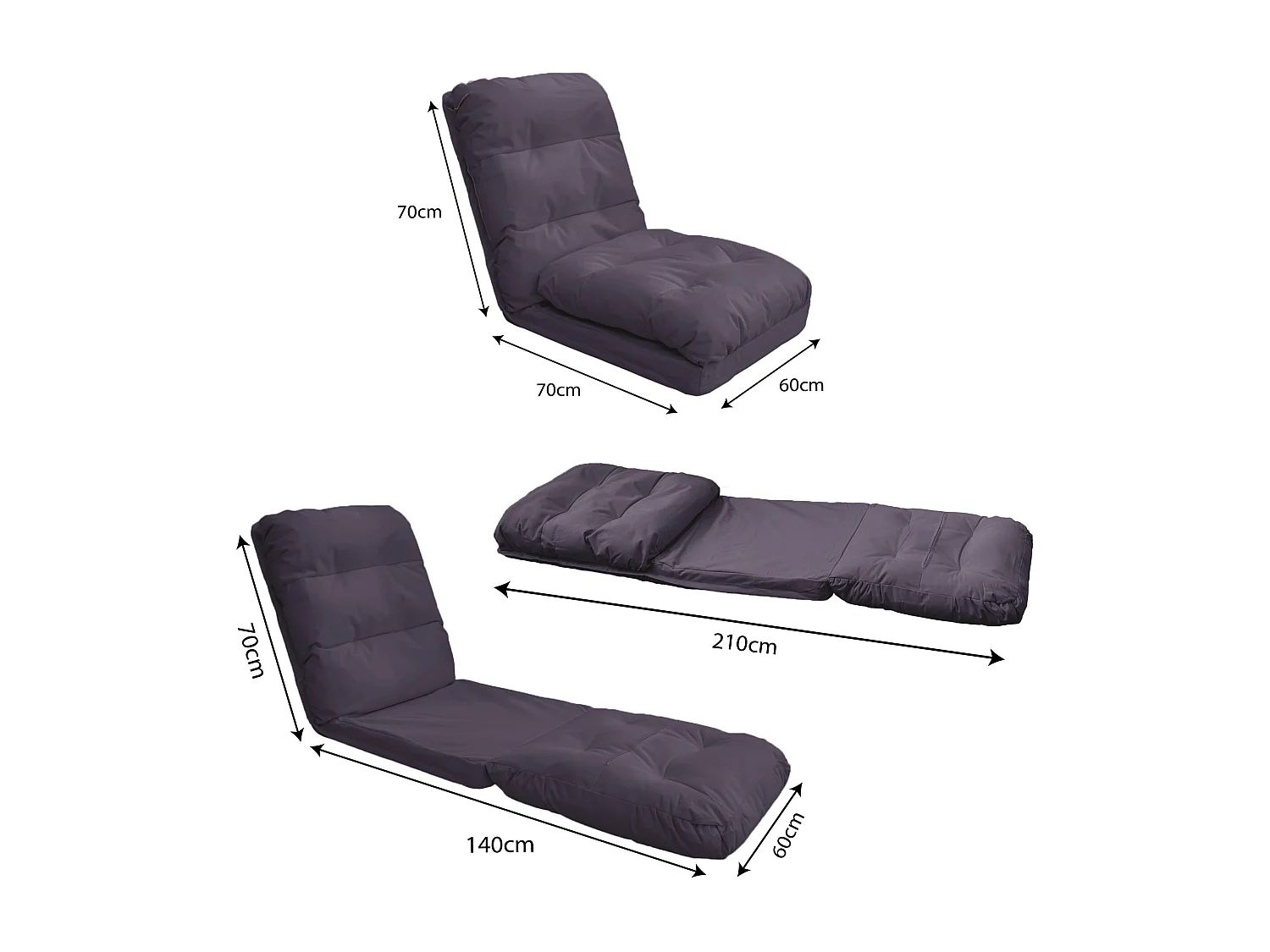 Fauteuil Convertible avec Dossier Réglable à 6 Positions Gris foncé
