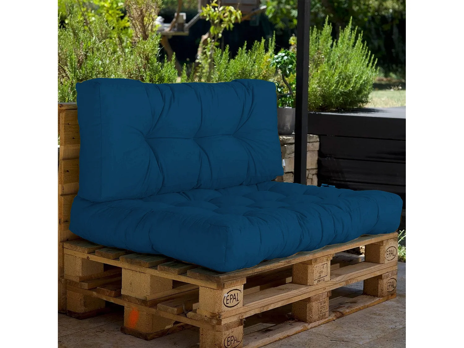 Lot coussins extérieur pour palette bleu pétrole 120x80 Imperméables Anti-UV DECOARTS