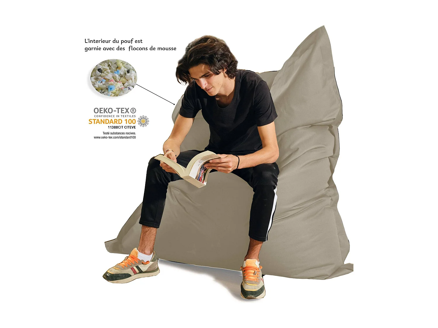 Pouf Géant XXL Intérieur et Extérieur, Déhoussable, Salon, Jardin, Deco Arts Beige