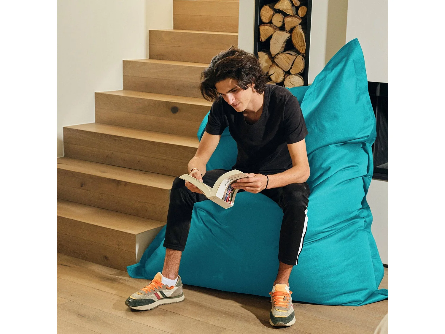 Pouf Géant XXL Intérieur et Extérieur, Déhoussable, Salon, Jardin, Deco Arts Bleu Caraïbes