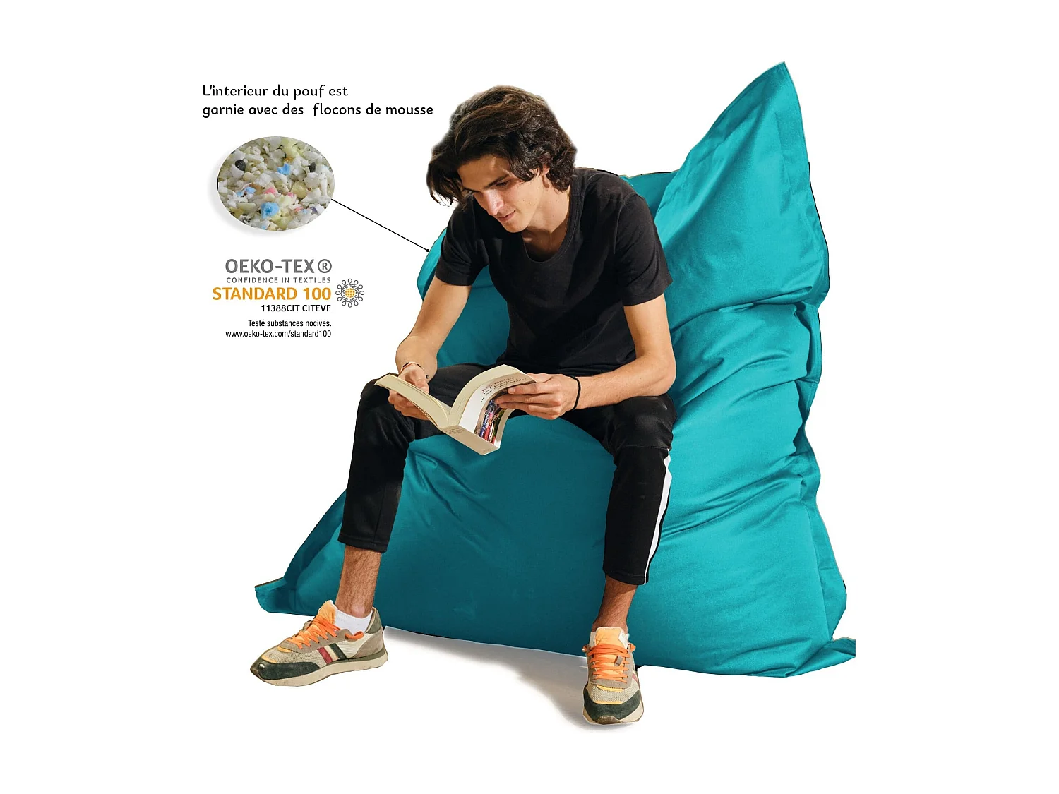 Pouf Géant XXL Intérieur et Extérieur, Déhoussable, Salon, Jardin, Deco Arts Bleu Caraïbes