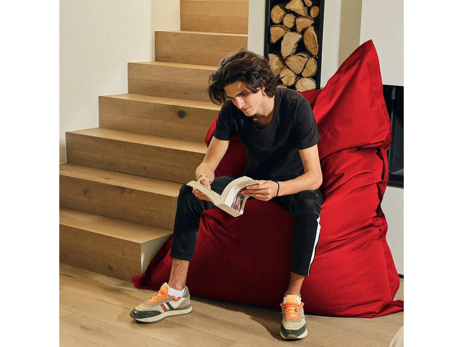 Pouf Géant XXL Intérieur et Extérieur, Déhoussable, Salon, Jardin, Deco Arts Rouge piment