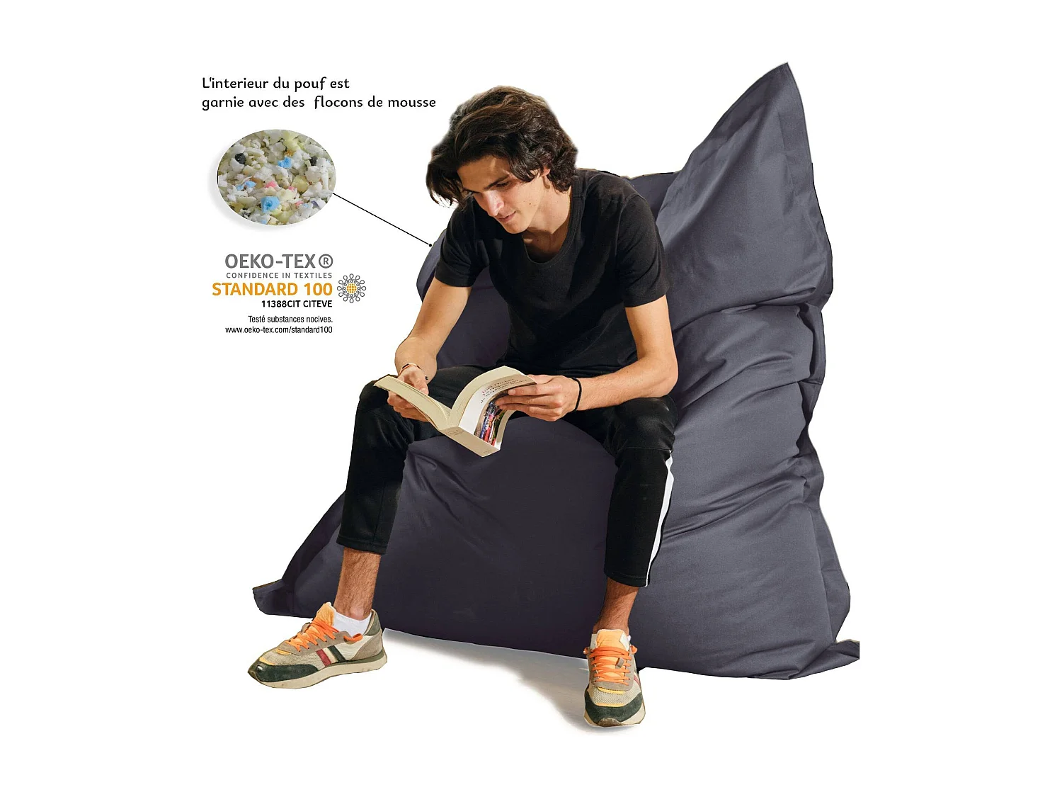 Pouf Géant XXL Intérieur et Extérieur, Déhoussable, Salon, Jardin, Deco Arts Gris carbone