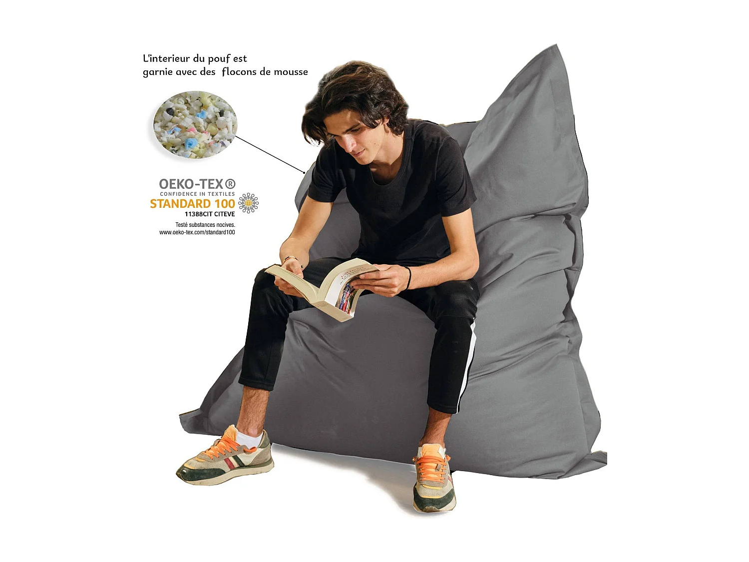 Pouf Géant XXL Intérieur et Extérieur, Déhoussable, Salon, Jardin, Deco Arts Gris galet