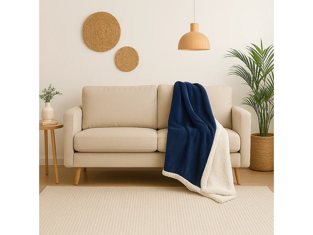 Plaid en sherpa flanelle 480 gsm  150X200 bleu marine