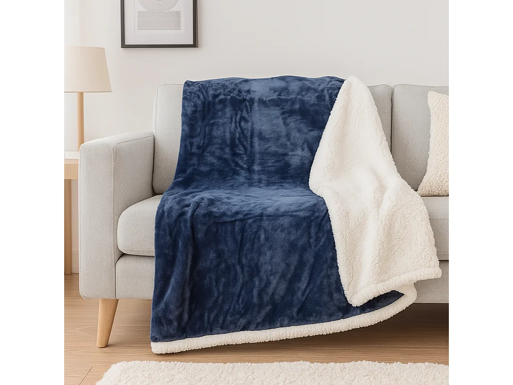 Plaid en sherpa flanelle 480 gsm  200x240 bleu marine
