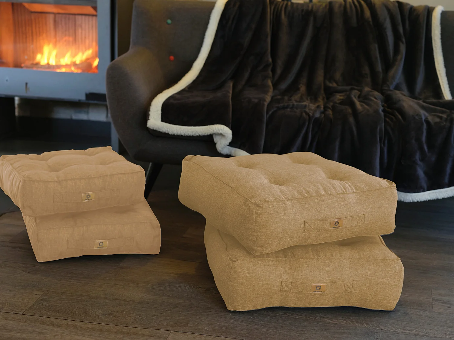 Lot de 2 coussins de sol effet lin 50 x 50 x 18 cm - beige