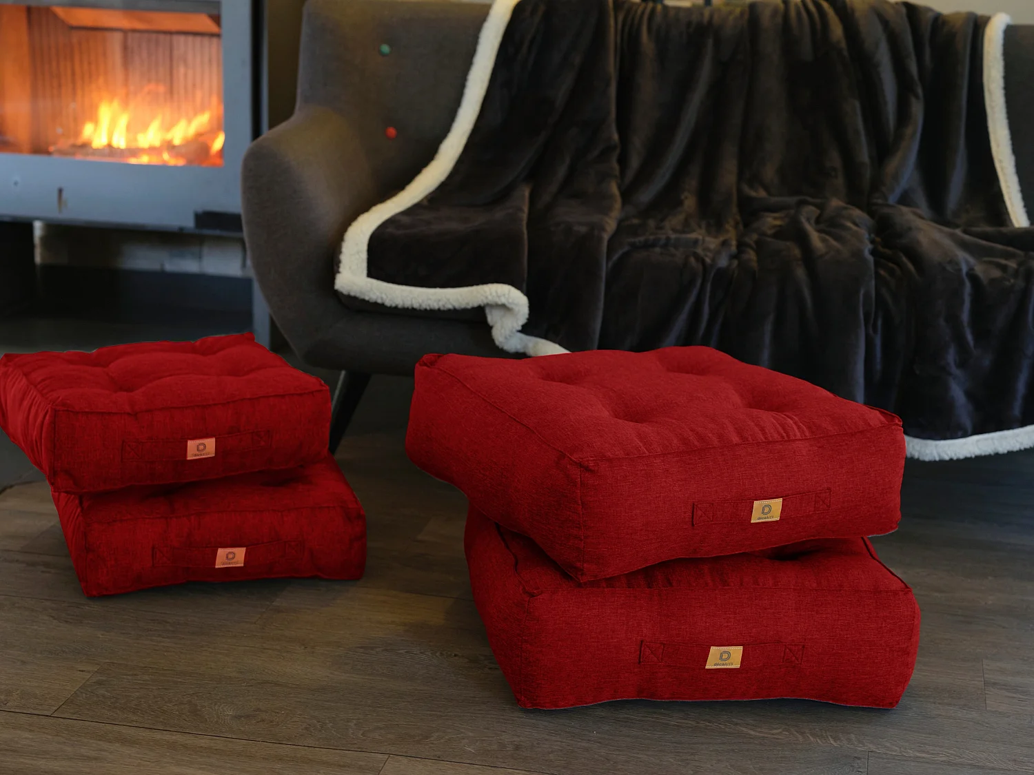 Lot de 2 coussins de sol effet lin 50 x 50 x 18 cm - rouge