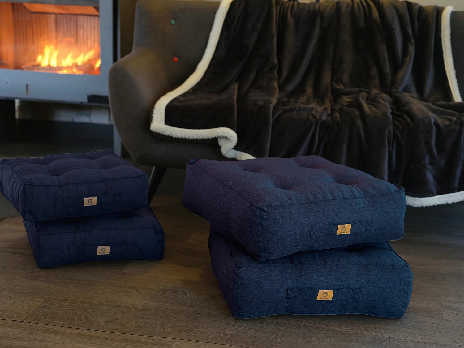 Lot de 2 coussins de sol effet lin 50 x 50 x 18 cm - bleu