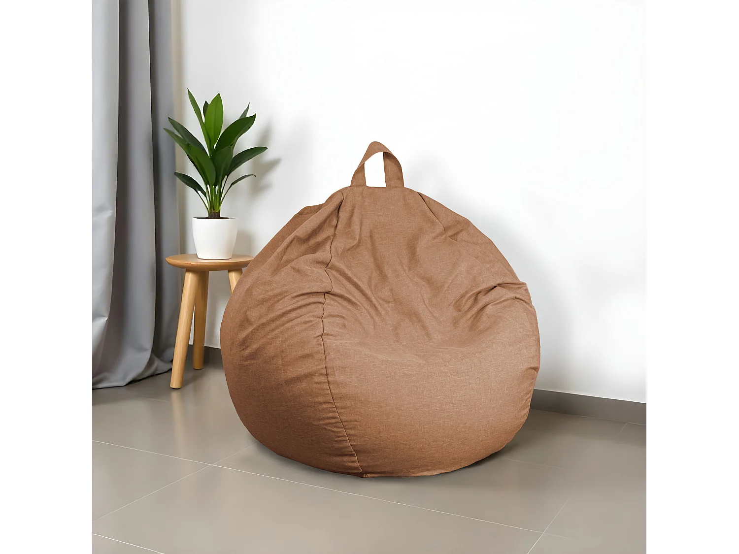 Pouf poire XL d'intérieur en tissu effet lin - 110x120 cm - Marron clair