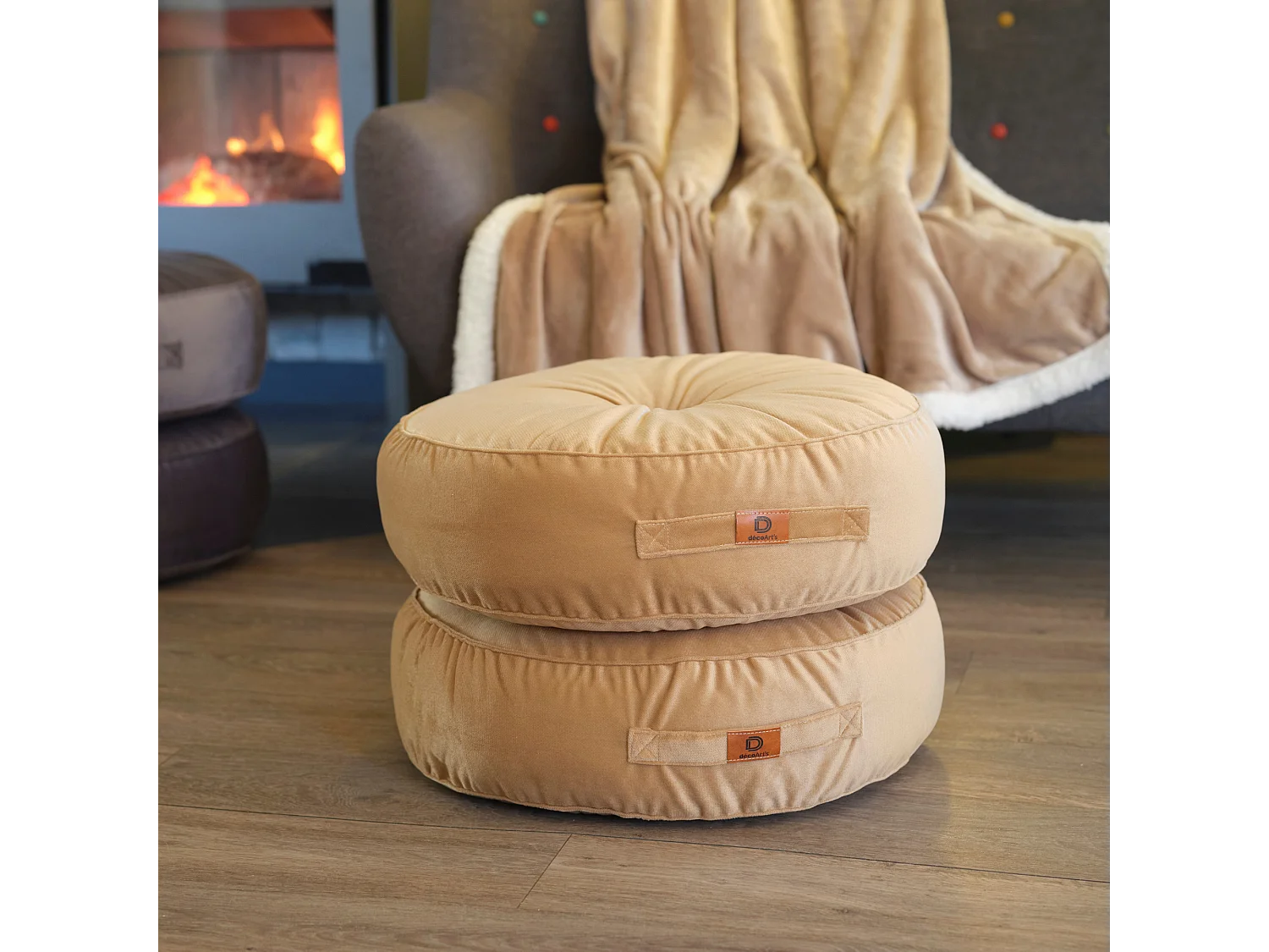 Pouf en velours diamètre 50 ensemble de 2 - beige