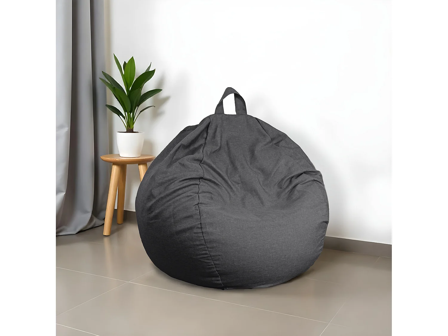 Pouf poire XL d'intérieur en tissu effet lin - 110x120 cm - Gris chiné