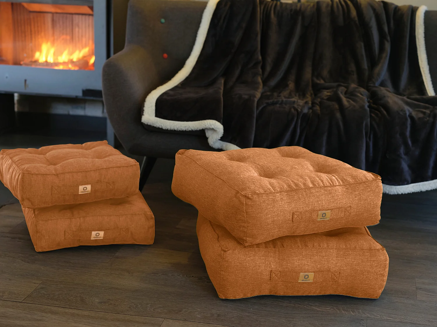 Lot de 2 coussins de sol effet lin 50 x 50 x 18 cm - marron clair