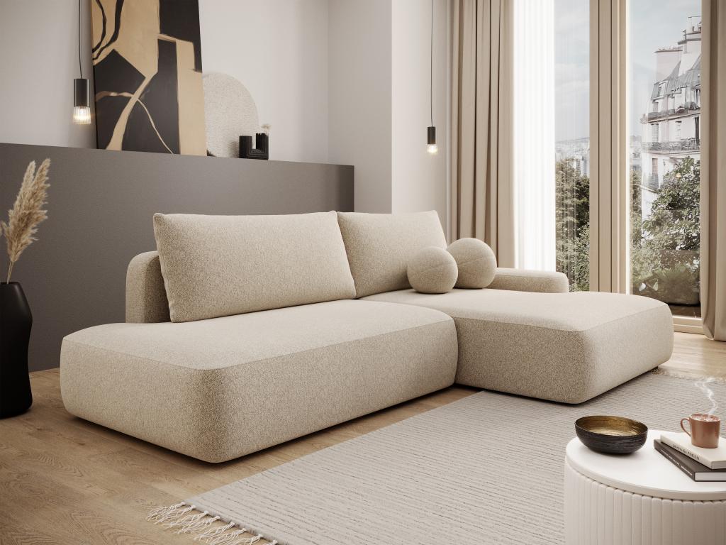 Canapé d'angle droit ouvert convertible en tissu texturé crème DAVISO