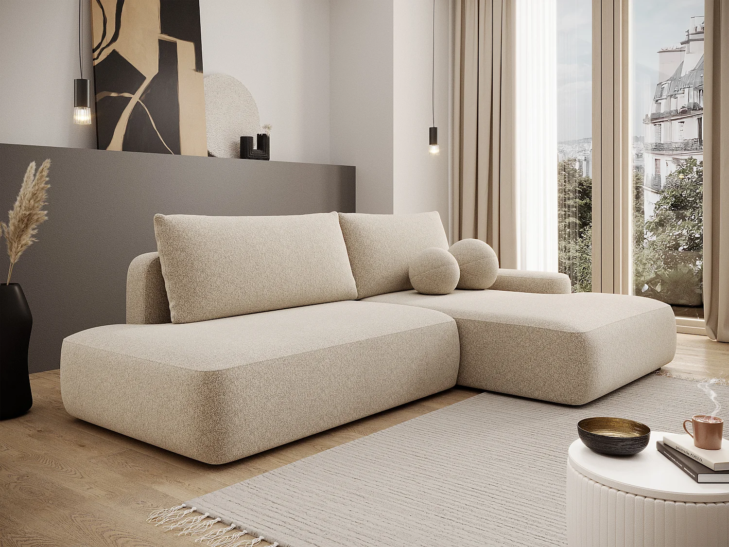 Canapé d'angle droit ouvert convertible en tissu texturé crème DAVISO