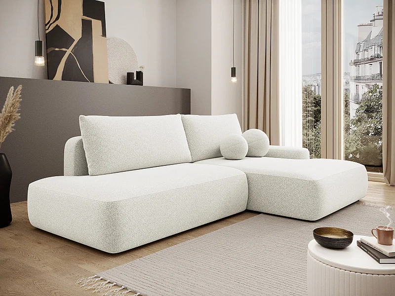 Canapé d'angle droit ouvert convertible en tissu chiné crème DAVISO