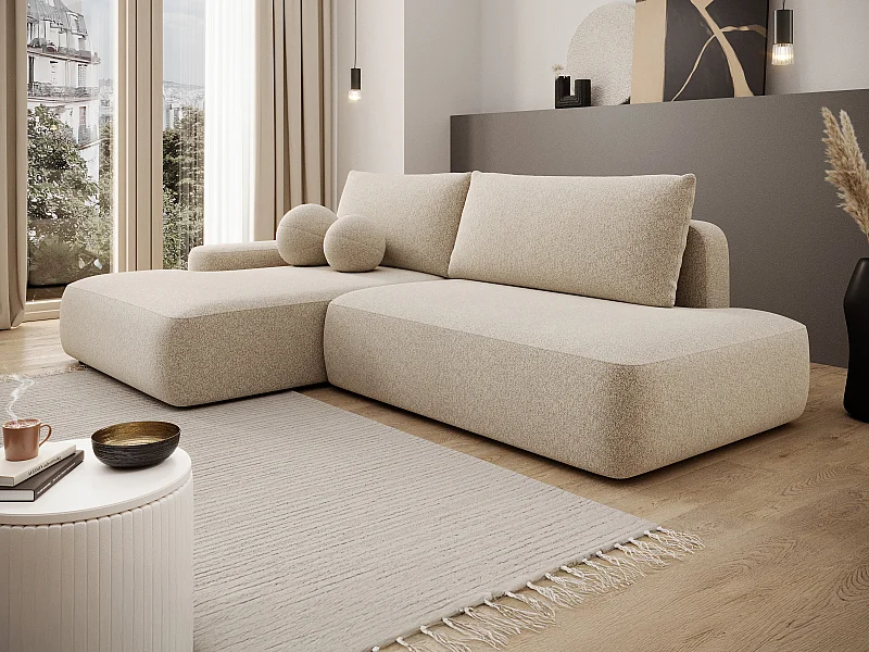 Ecksofa mit Schlaffunktion - Ecke links - einseitige Armlehne - Strukturstoff - Beige - DAVISO