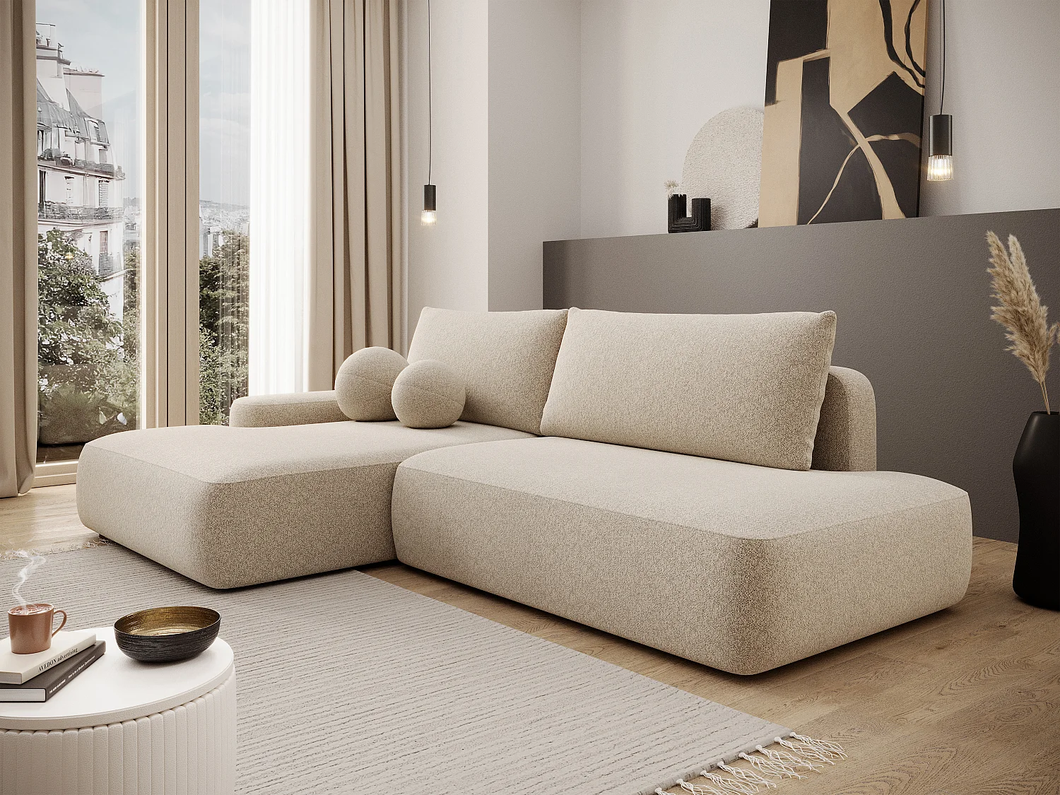 Ecksofa mit Schlaffunktion - Ecke links - einseitige Armlehne - Strukturstoff - Beige - DAVISO