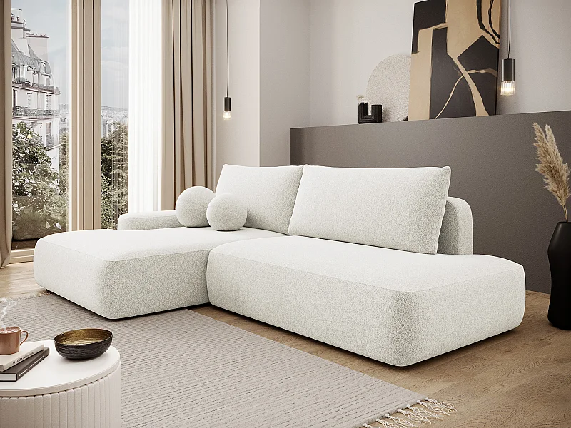 Canapé d'angle gauche ouvert convertible en tissu chiné crème DAVISO