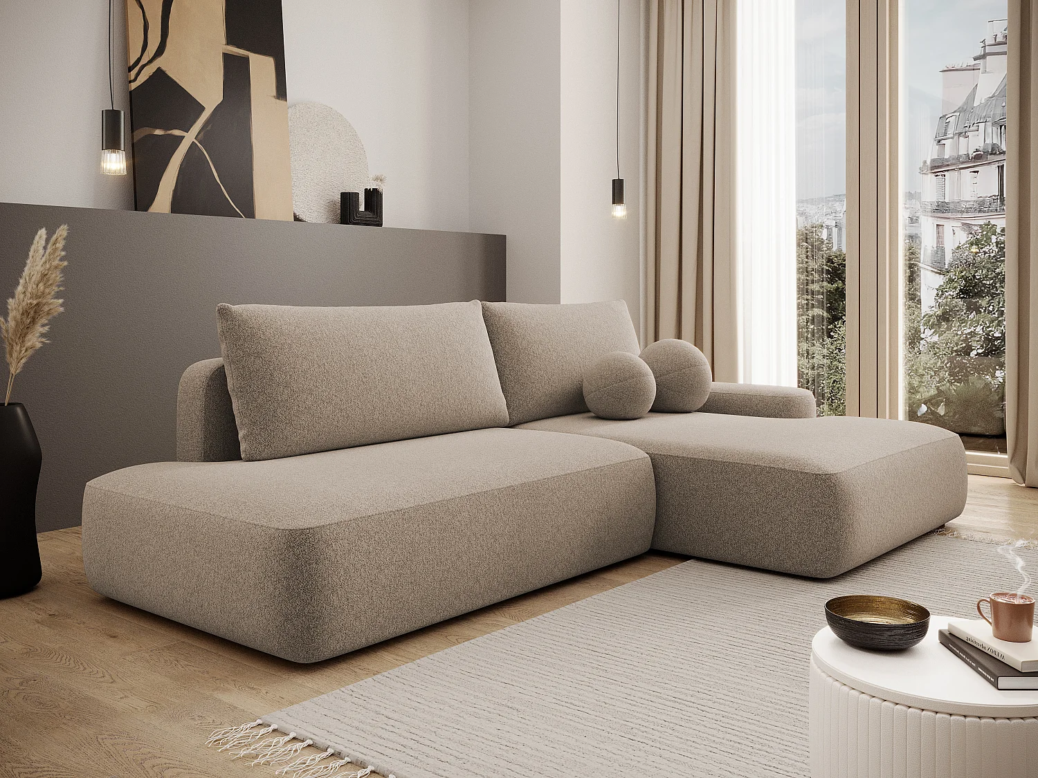 Ecksofa mit Schlaffunktion - Ecke rechts - einseitige Armlehne - Strukturstoff - Taupe - DAVISO
