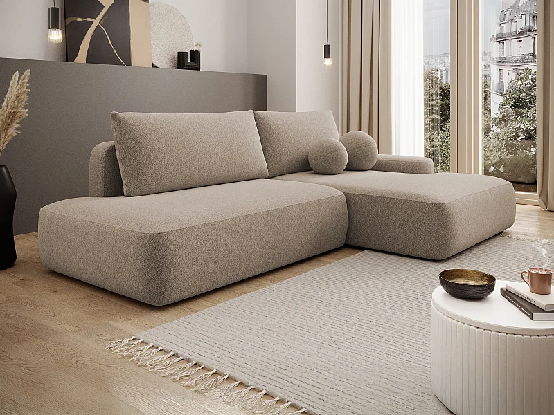 Canapé d'angle droit ouvert convertible en tissu chiné taupe DAVISO