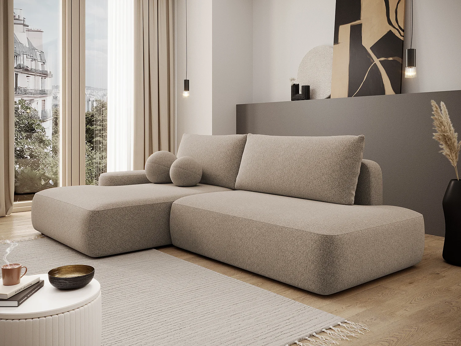 Canapé d'angle gauche ouvert convertible en tissu texturé taupe DAVISO
