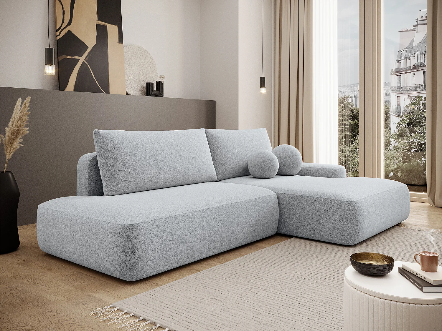 Canapé d'angle droit ouvert convertible en tissu texturé gris clair DAVISO