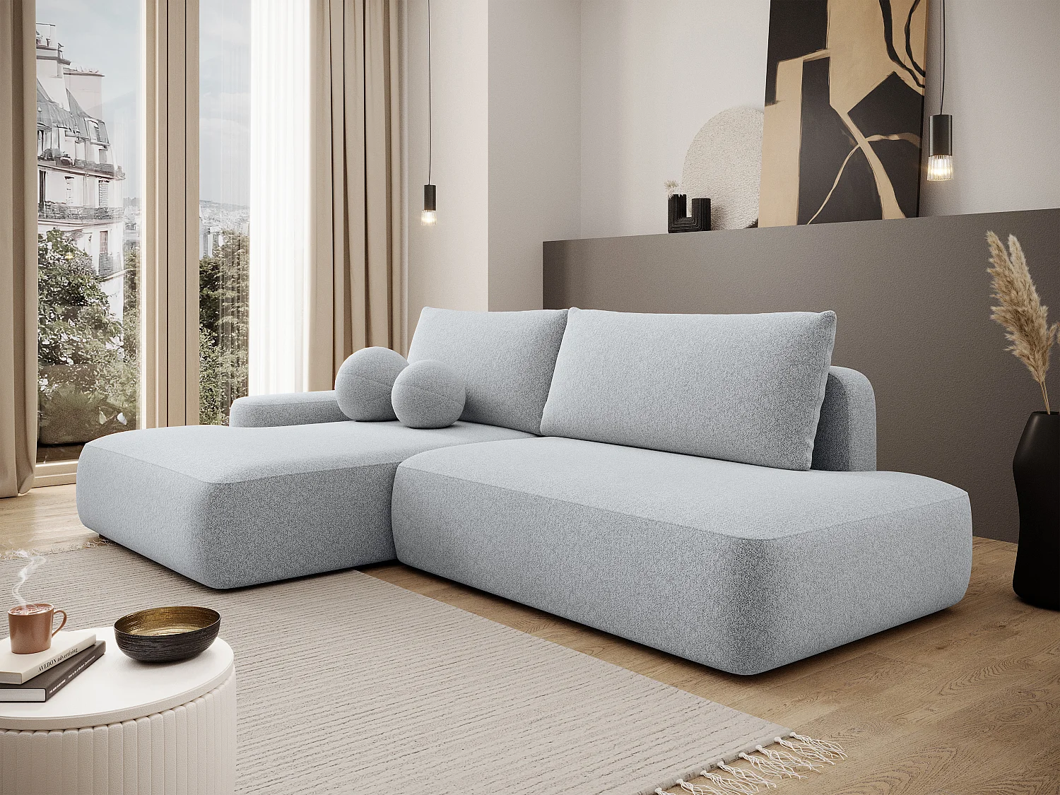 Canapé d'angle gauche ouvert convertible en tissu chiné gris clair DAVISO