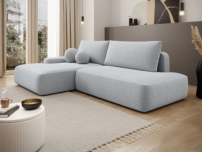 Canapé d'angle gauche ouvert convertible en tissu chiné gris clair DAVISO