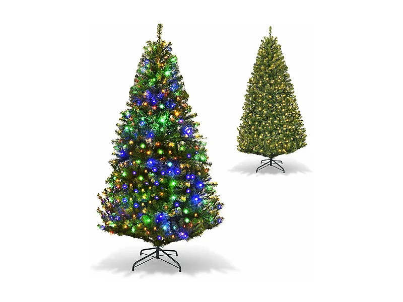 Sapin de Noël, Arbre de Noël Artificiel avec Lumières LED Multicolore à 11 Modes et Pied en Métal, Décoration de Noël en Matériau PVC pour Maison, Magasin, 120-210 CM, Vert (180CM)