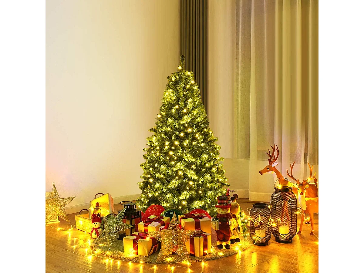 Sapin de Noël, Arbre de Noël Artificiel avec Lumières LED Multicolore à 11 Modes et Pied en Métal, Décoration de Noël en Matériau PVC pour Maison, Magasin, 120-210 CM, Vert (180CM)