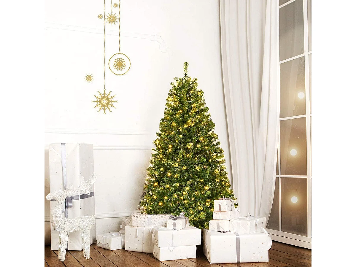Sapin de Noël, Arbre de Noël Artificiel avec Lumières LED Multicolore à 11 Modes et Pied en Métal, Décoration de Noël en Matériau PVC pour Maison, Magasin, 120-210 CM, Vert (180CM)