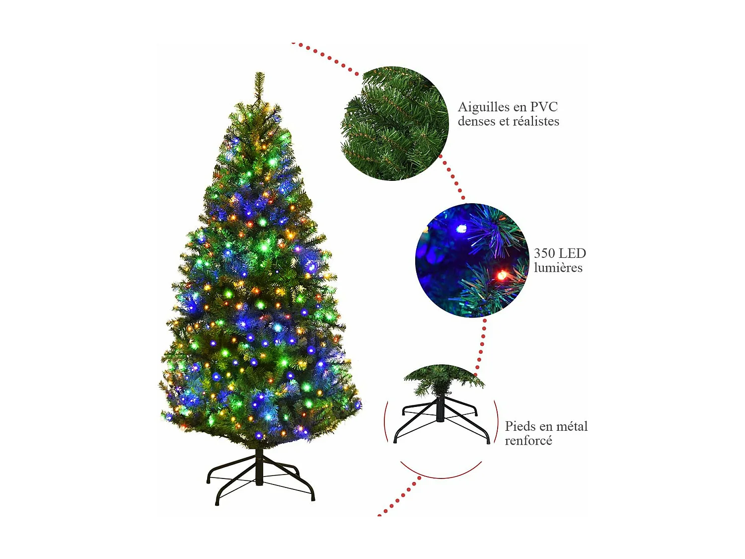 Sapin de Noël, Arbre de Noël Artificiel avec Lumières LED Multicolore à 11 Modes et Pied en Métal, Décoration de Noël en Matériau PVC pour Maison, Magasin, 120-210 CM, Vert (180CM)