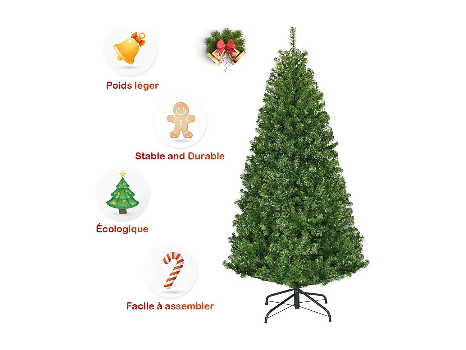 Sapin de Noël, Arbre de Noël Artificiel avec Lumières LED Multicolore à 11 Modes et Pied en Métal, Décoration de Noël en Matériau PVC pour Maison, Magasin, 120-210 CM, Vert (180CM)