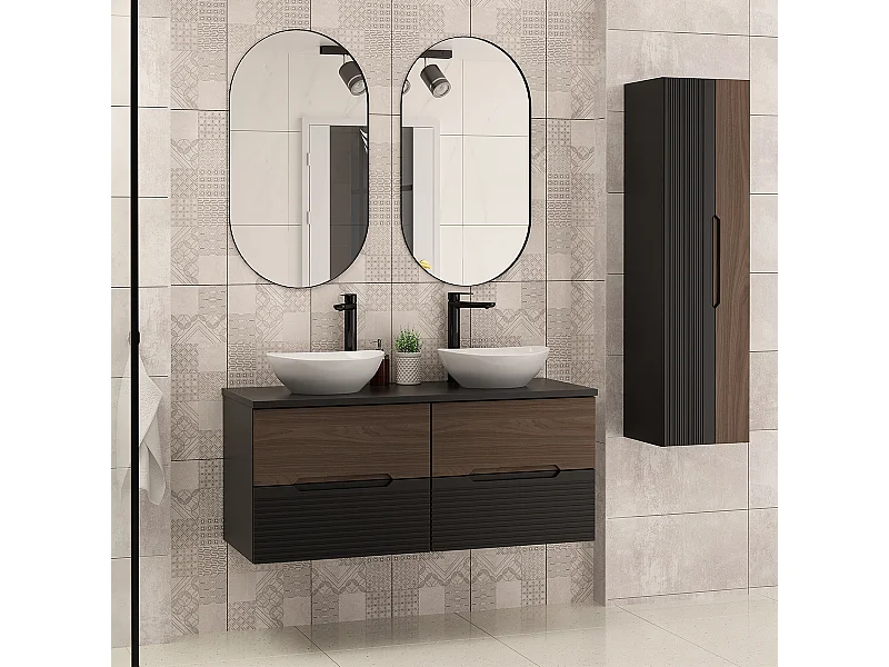 Ensemble meuble double vasque 120cm et colonne Sylla Noir et bois