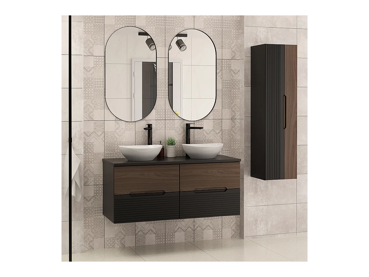 Ensemble meuble double vasque 120cm et colonne Sylla Noir et bois