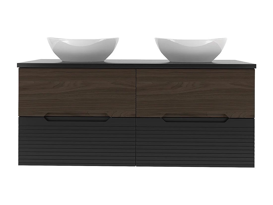 Set van 120cm dubbele wastafel en Sylla voetstuk in zwart en hout
