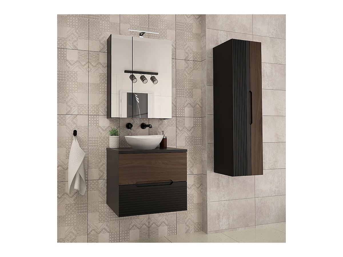 Ensemble meuble simple vasque 60cm et colonne Sylla Noir et bois