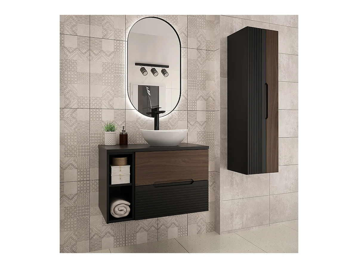 Ensemble meuble simple vasque 80cm niche et colonne Sylla Noir et bois
