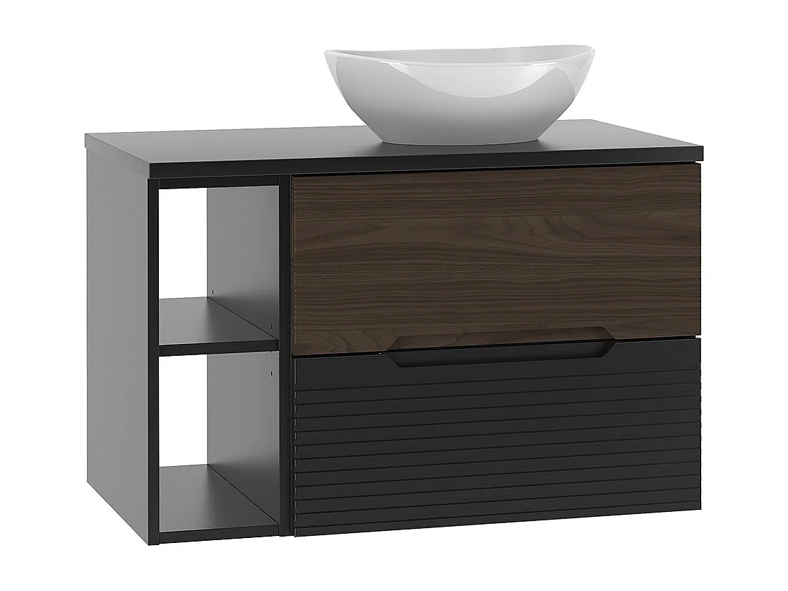 Ensemble meuble simple vasque 80cm 2 niches et colonne Sylla Noir et bois