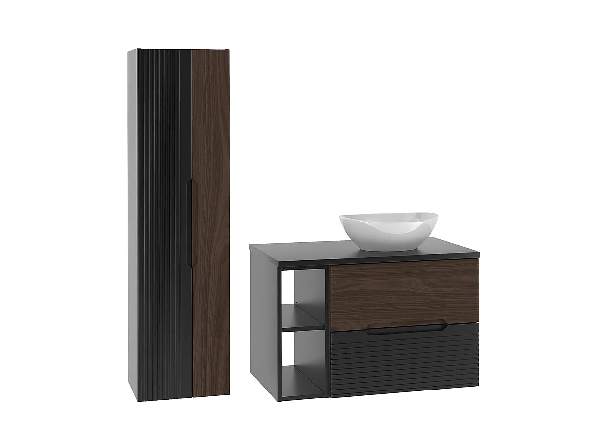 Ensemble meuble simple vasque 80cm 2 niches et colonne Sylla Noir et bois