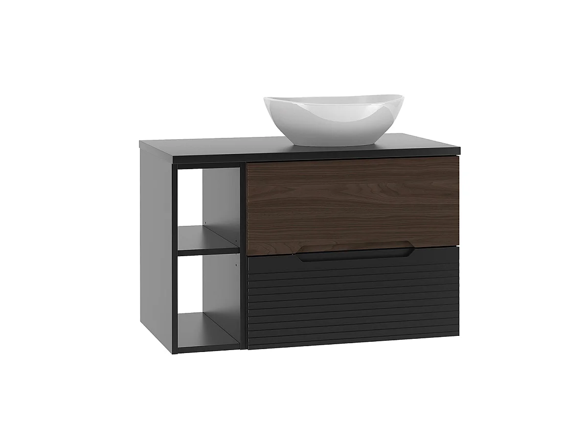 Ensemble meuble simple vasque 80cm 2 niches et colonne Sylla Noir et bois