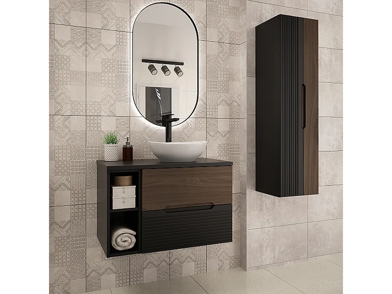 Ensemble meuble simple vasque 80cm 2 niches et colonne Sylla Noir et bois