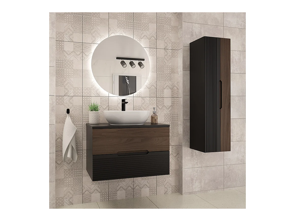 Ensemble meuble simple vasque 80cm et colonne Sylla Noir et bois