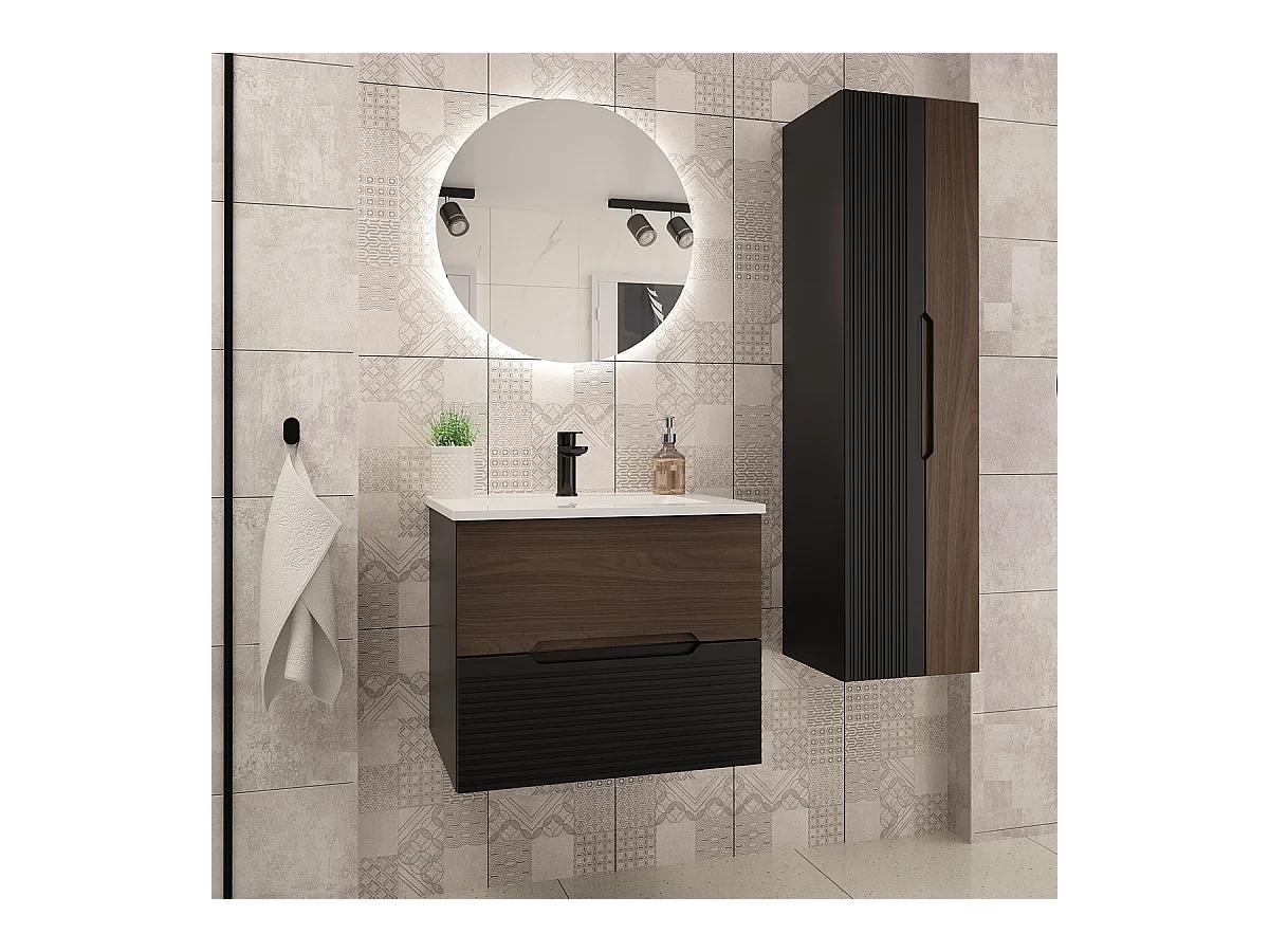 Ensemble meuble simple vasque encastrée 60cm et colonne Sylla Noir et bois