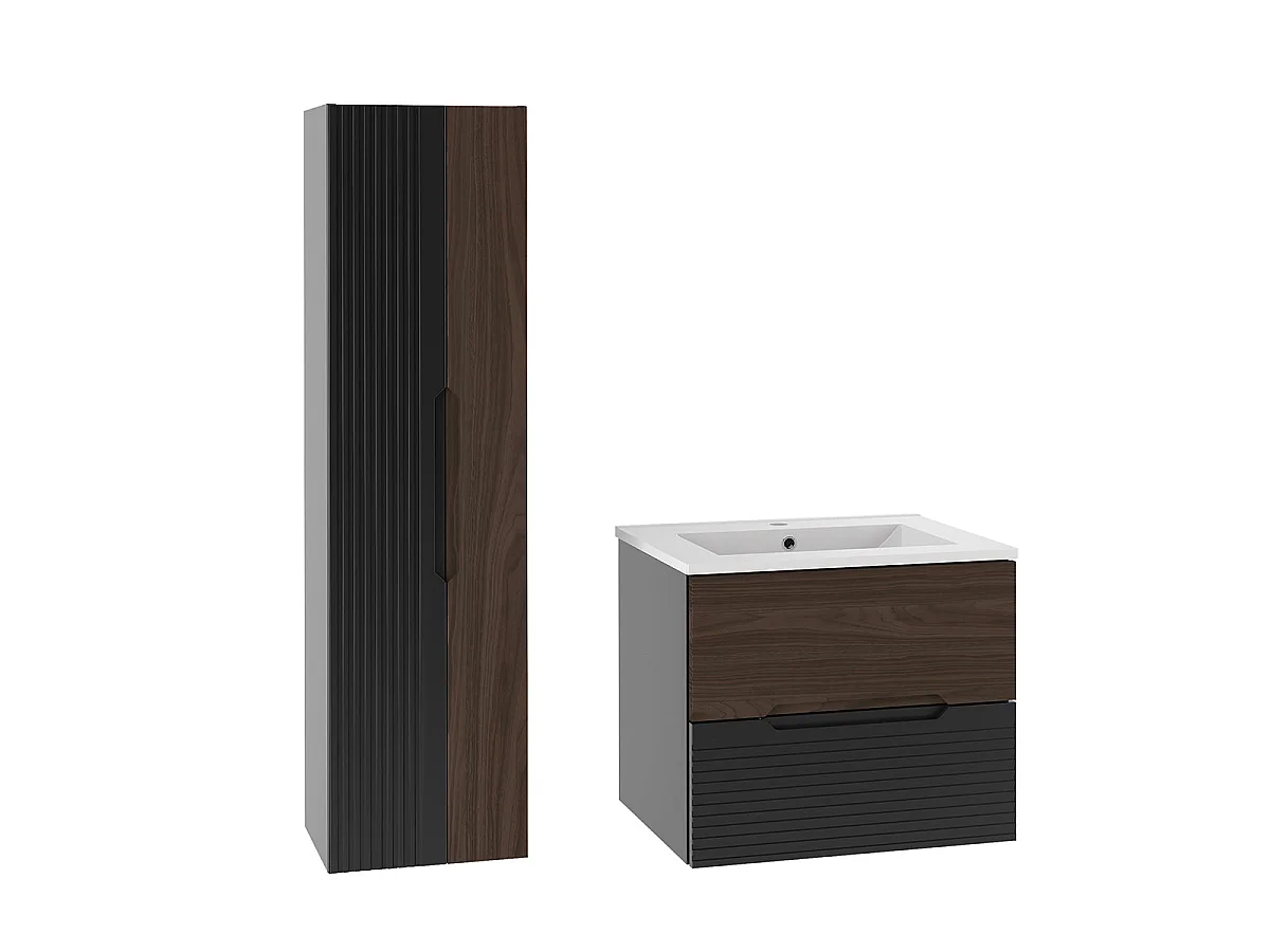 Ensemble meuble simple vasque encastrée 60cm et colonne Sylla Noir et bois