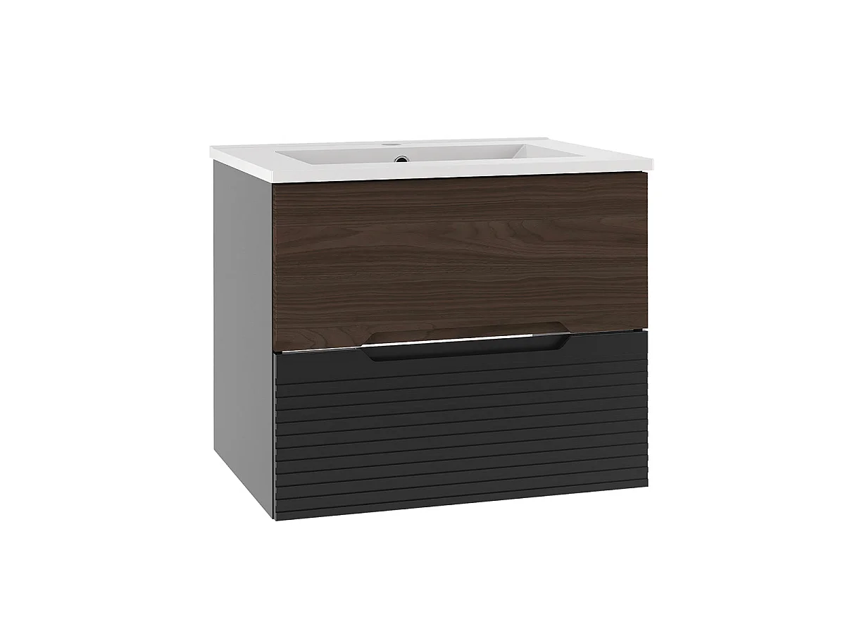 Ensemble meuble simple vasque encastrée 60cm et colonne Sylla Noir et bois