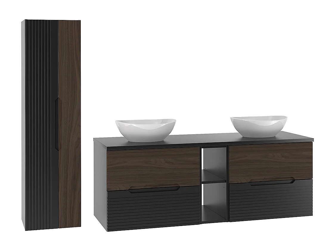 Ensemble meuble double vasque 140cm 2 niches et colonne Sylla Noir et bois